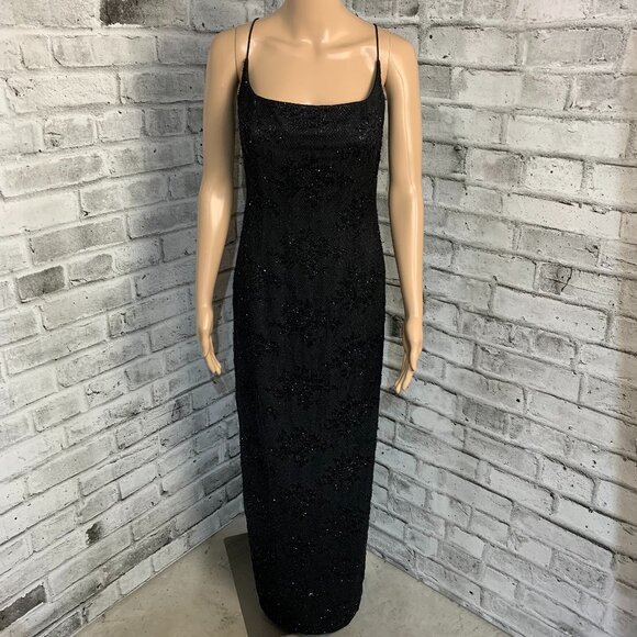 Carmen Marc Valvo Black Beaded Long Evening Formal Maxi Slip Dress Gown - Picture 1 of 16